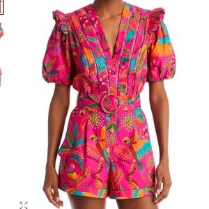 FARM Rio Macaw Belted Puff Sleeve Romper
